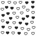 Black and white pattern with chaotic hearts. Seamless vector love background. Stylish Valentine\'s day wallpaper.